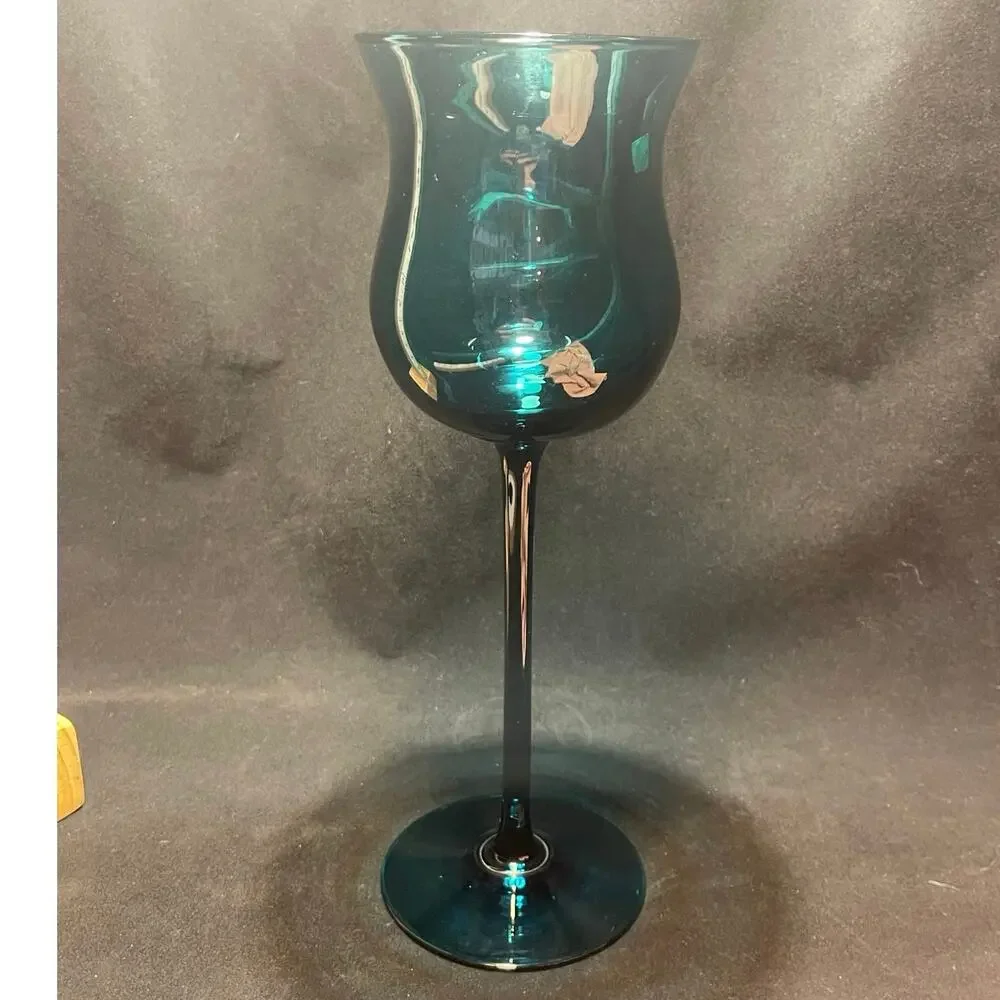 Hand Blown Tall Stem Wine Glass, Peacock Blue 11in.